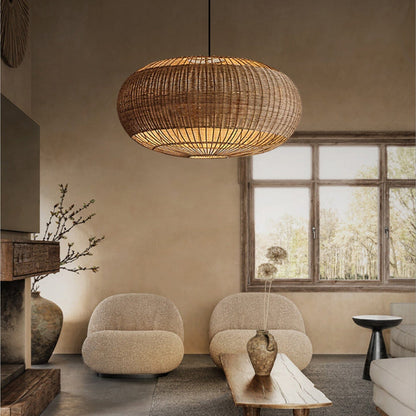 Handcrafted Rattan Ceiling Light in Flat Round Basket Shape