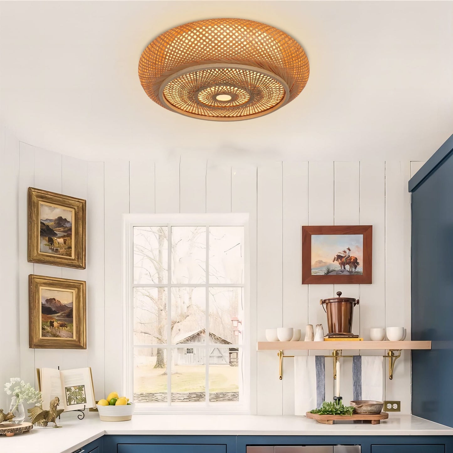 Japanese-Style Bamboo Rattan Ceiling Light – Flush Mount or Hanging Fixture