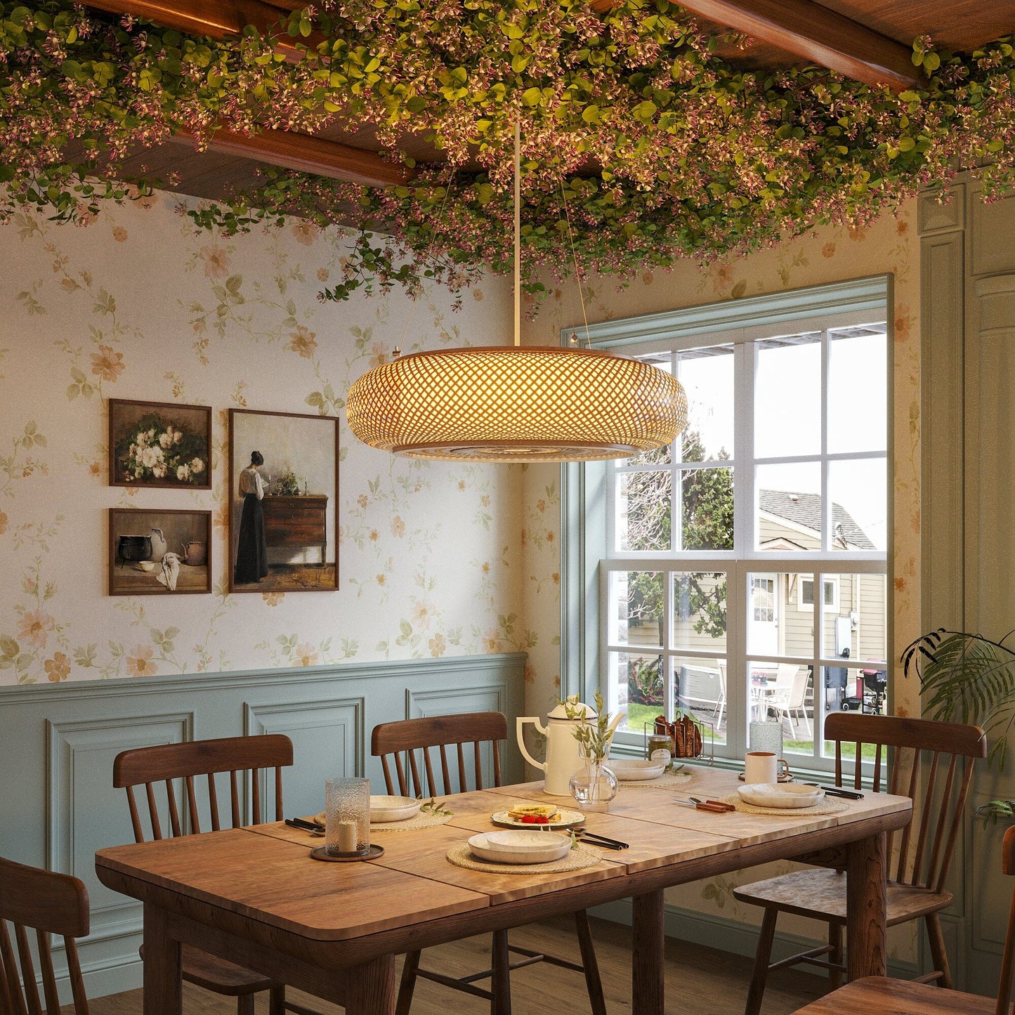 Japanese-Style Bamboo Rattan Ceiling Light – Flush Mount or Hanging Fixture