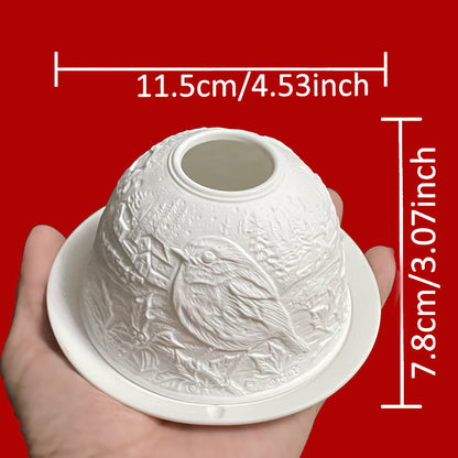 3D Ceramic Winter Robin Tealight Holder with Dome Lid & Plate - Festive Christmas Candle Centerpiece for Home Decor