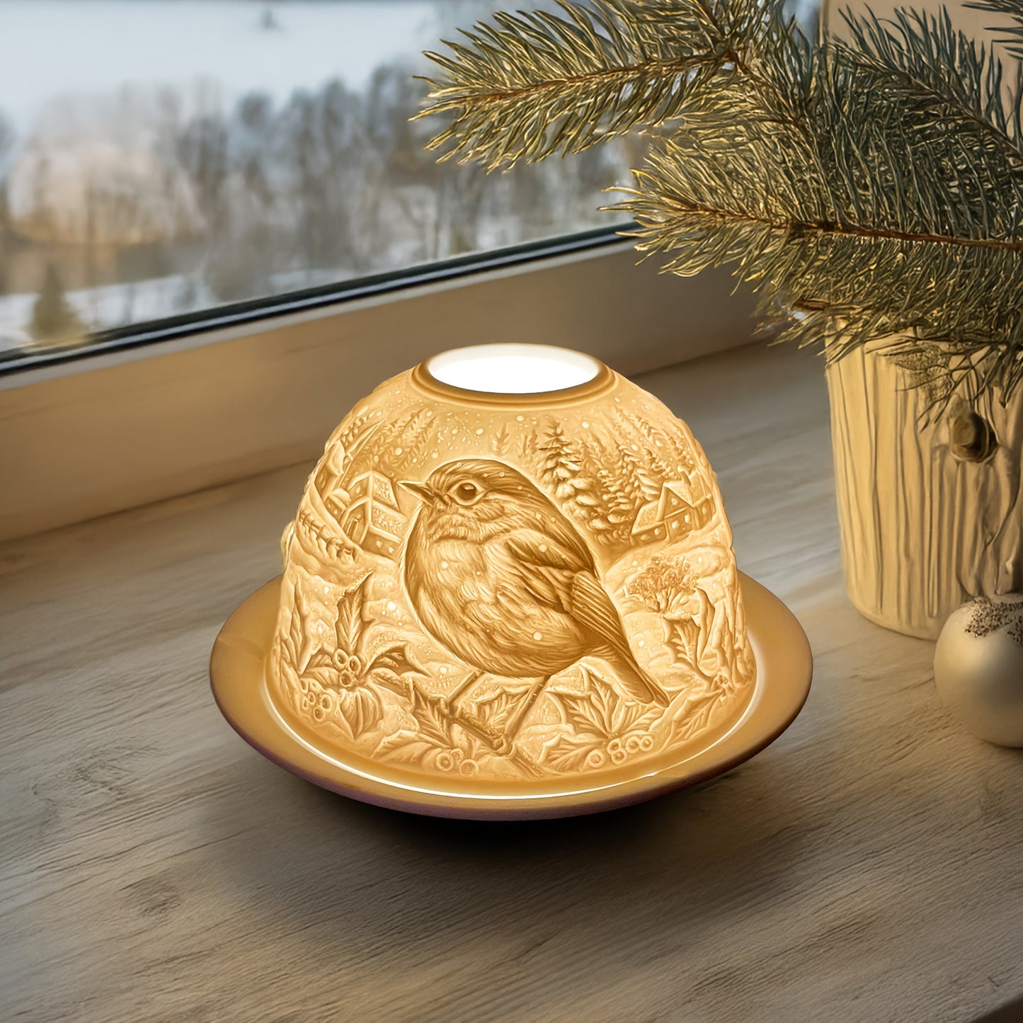 3D Ceramic Winter Robin Tealight Holder with Dome Lid & Plate - Festive Christmas Candle Centerpiece for Home Decor
