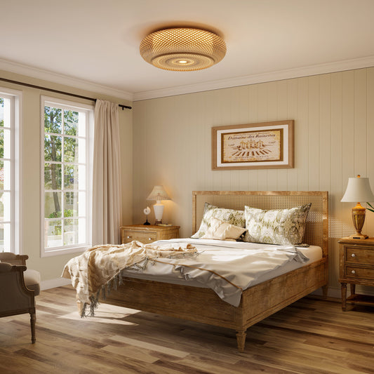 Japanese-Style Bamboo Rattan Ceiling Light – Flush Mount or Hanging Fixture