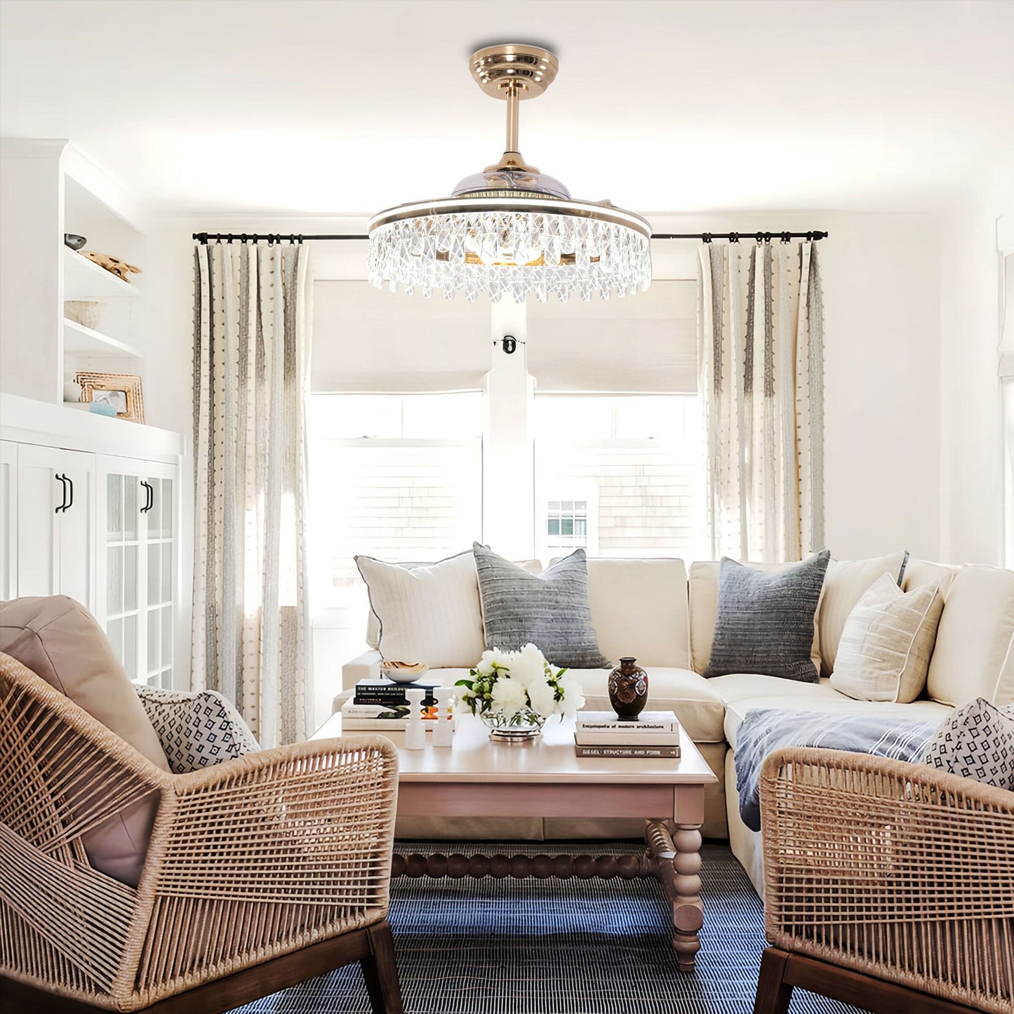 60cm Contemporary Gold Crystal Ceiling Fan with Light - Chic Ceiling Light