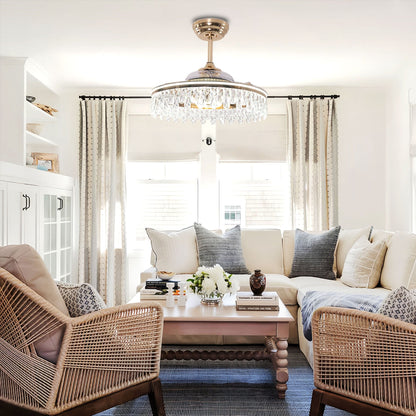 60cm Contemporary Gold Crystal Ceiling Fan with Light - Chic Ceiling Light