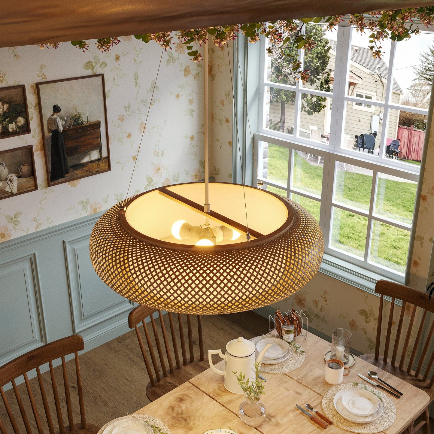 Japanese-Style Bamboo Rattan Ceiling Light – Flush Mount or Hanging Fixture