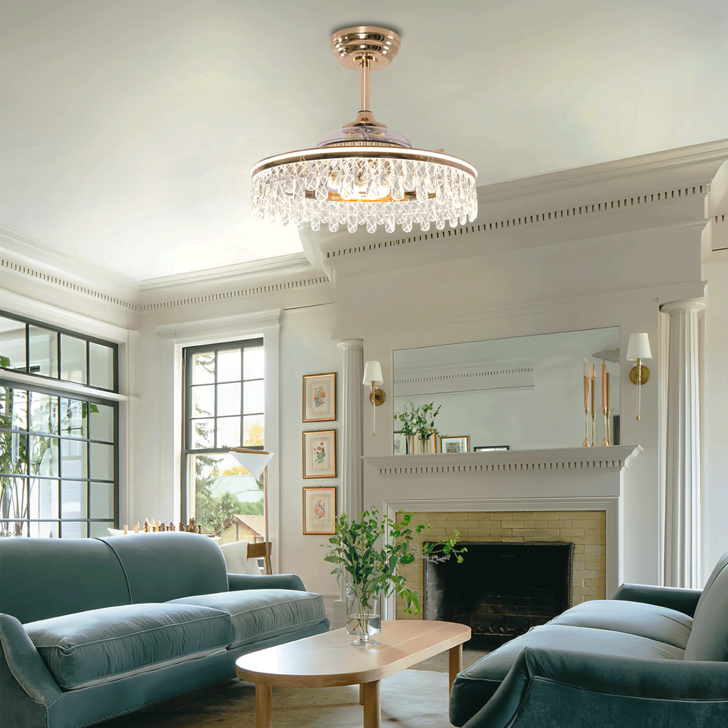 60cm Contemporary Gold Crystal Ceiling Fan with Light - Chic Ceiling Light