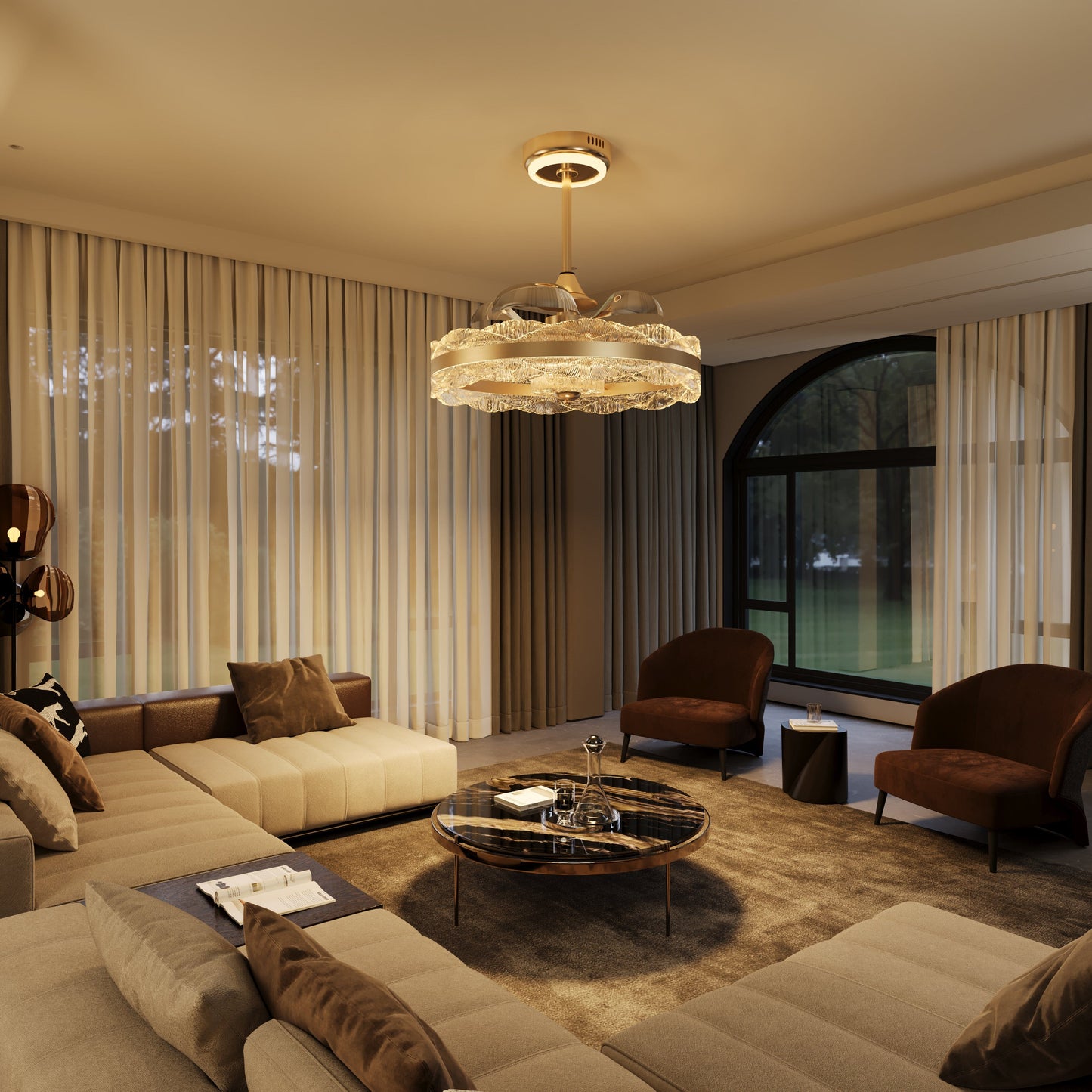 Premium Gold Frame Ceiling Light with Retractable Blades and LED Fan