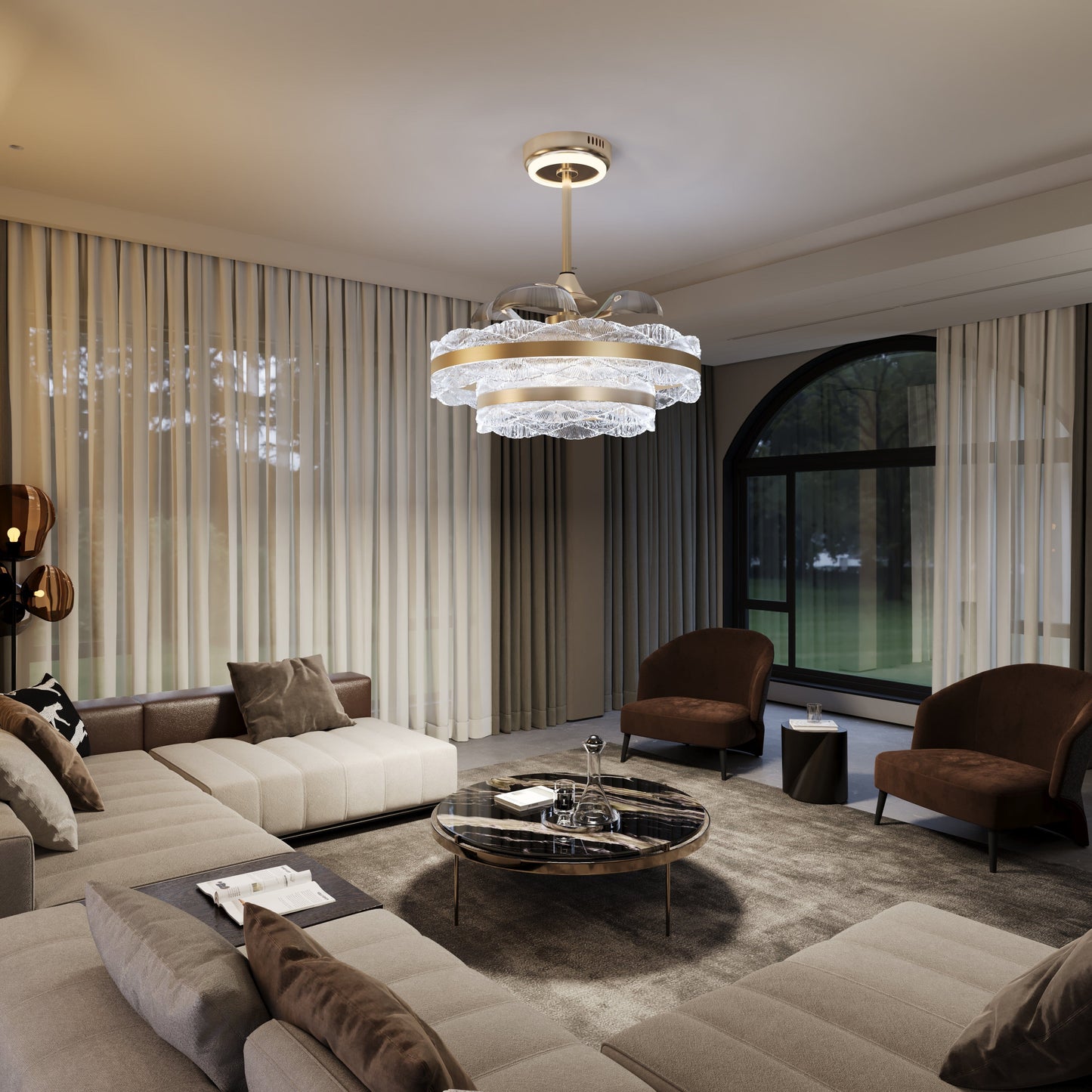 Premium Gold Frame Ceiling Light with Retractable Blades and LED Fan