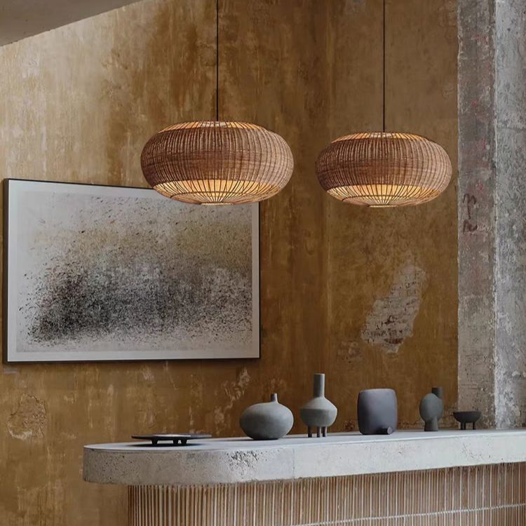 Handcrafted Rattan Ceiling Light in Flat Round Basket Shape