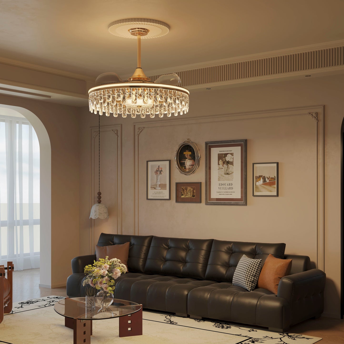 60cm Contemporary Gold Crystal Ceiling Fan with Light - Chic Ceiling Light