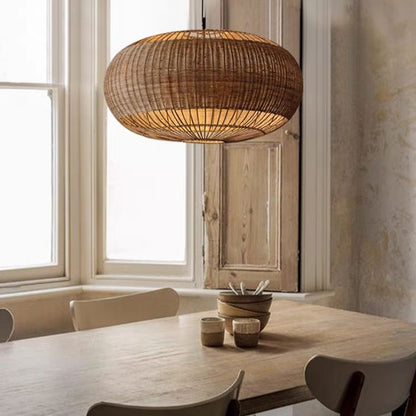 Handcrafted Rattan Ceiling Light in Flat Round Basket Shape