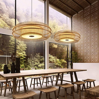 Drum-Shaped LED Bamboo Ceiling Light - Contemporary Pendant Fixture
