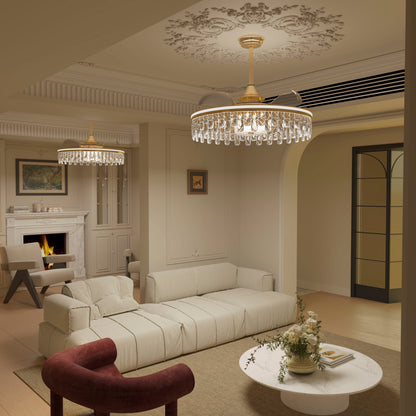 60cm Contemporary Gold Crystal Ceiling Fan with Light - Chic Ceiling Light
