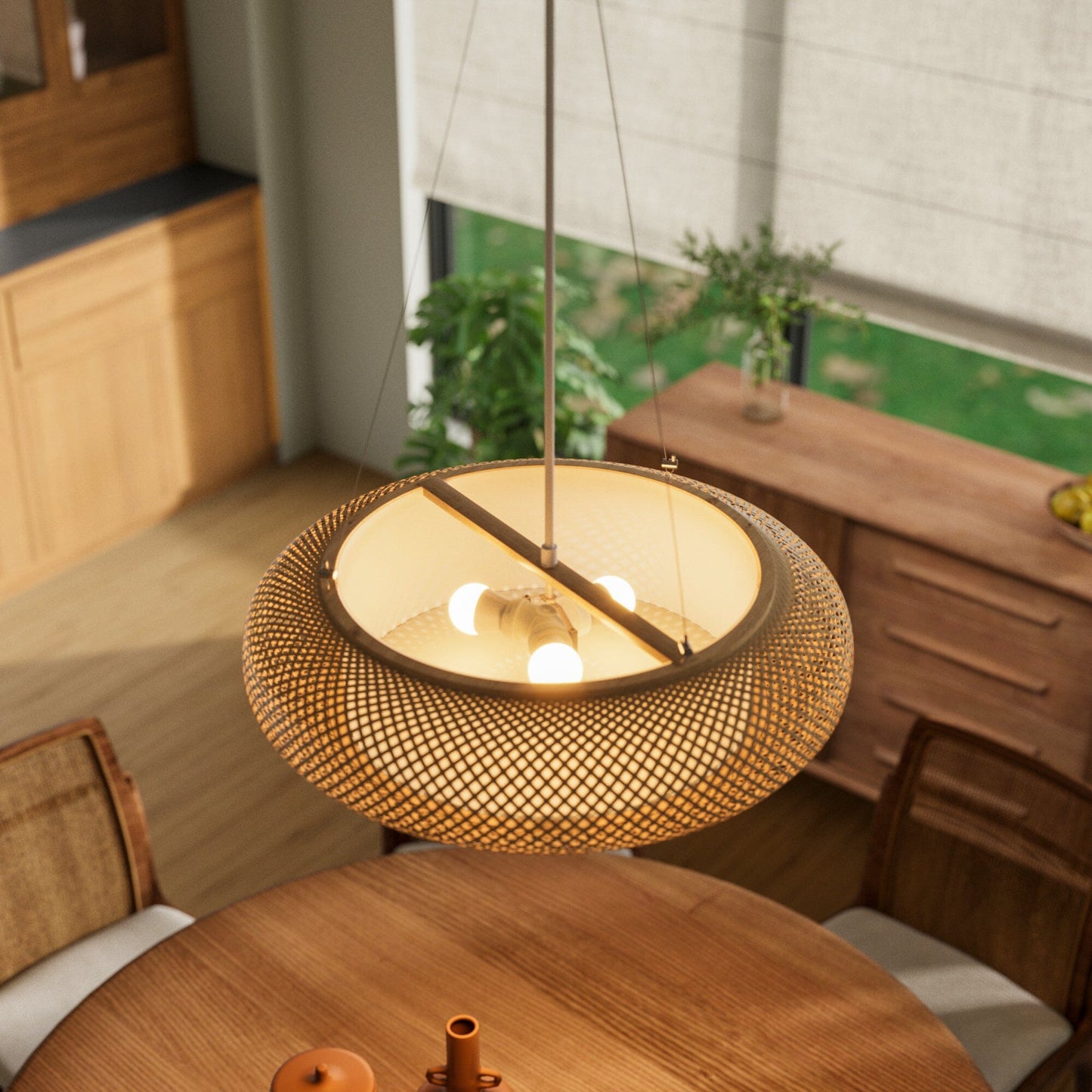 Japanese-Style Bamboo Rattan Ceiling Light – Flush Mount or Hanging Fixture