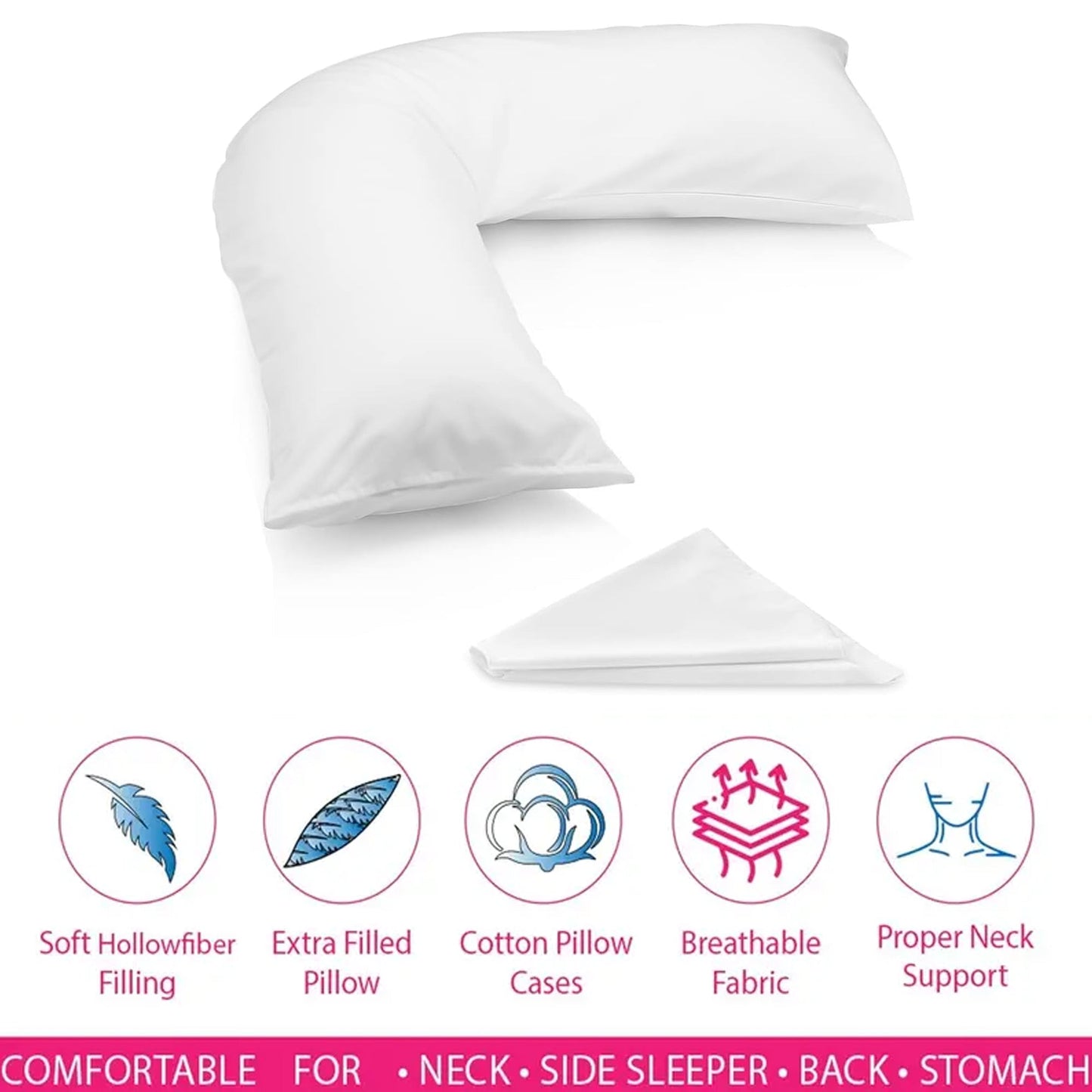 V Shaped Pillow with Case - Extra Filled Neck Support for Pregnancy