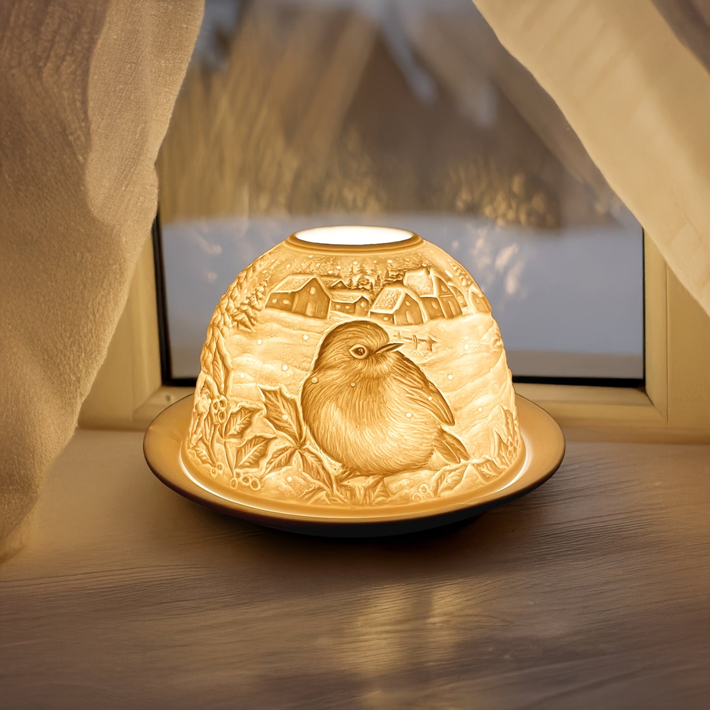 3D Ceramic Winter Robin Tealight Holder with Dome Lid & Plate - Festive Christmas Candle Centerpiece for Home Decor