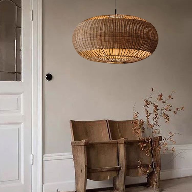 Handcrafted Rattan Ceiling Light in Flat Round Basket Shape