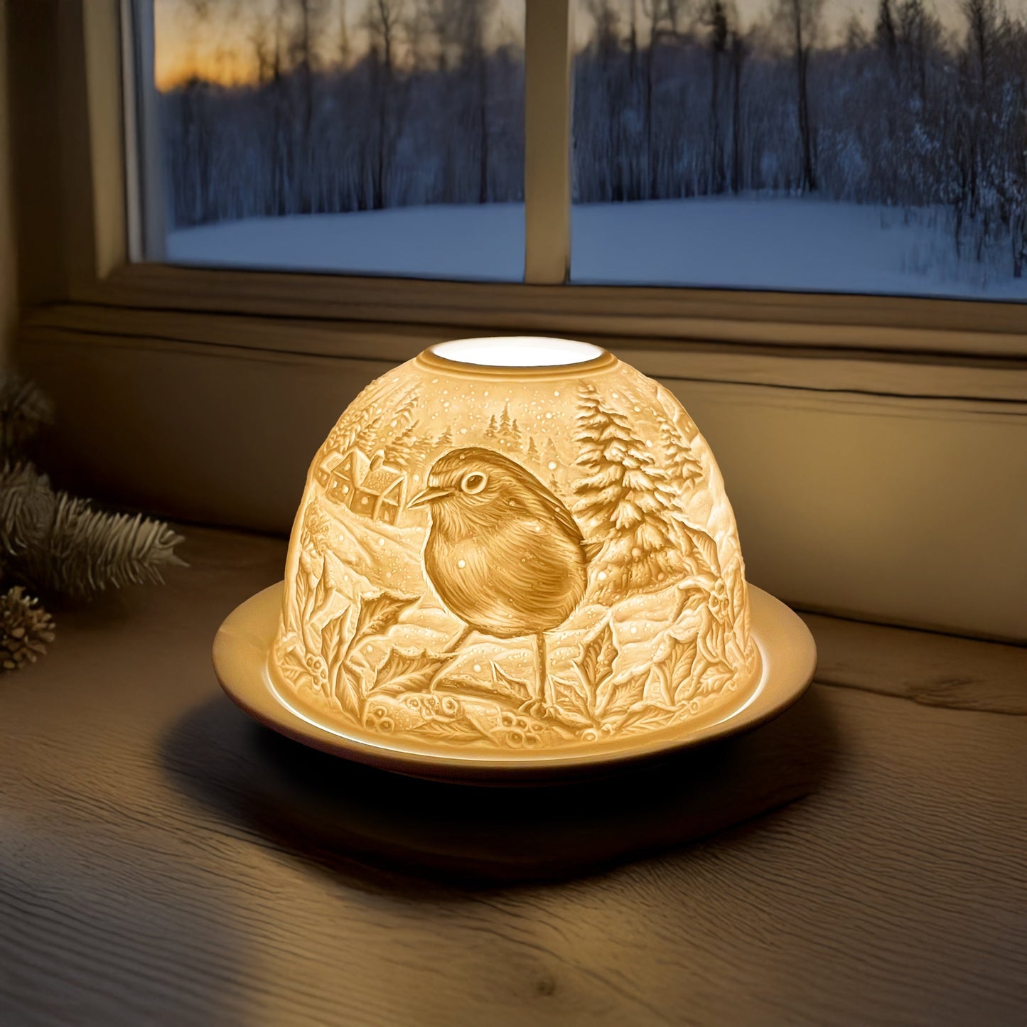 3D Ceramic Winter Robin Tealight Holder with Dome Lid & Plate - Festive Christmas Candle Centerpiece for Home Decor