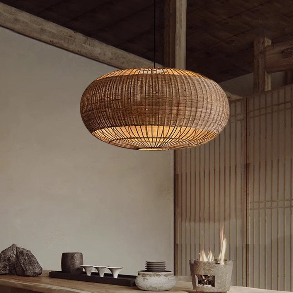 Handcrafted Rattan Ceiling Light in Flat Round Basket Shape