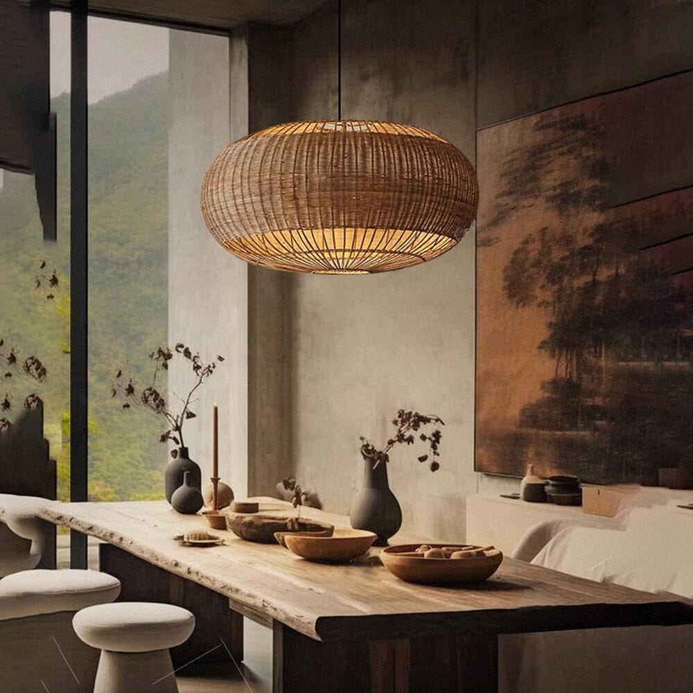 Handcrafted Rattan Ceiling Light in Flat Round Basket Shape